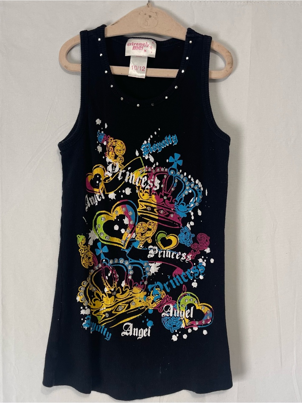 Y2K girls punk rock bedazzle tank black colorful 2000s Extremely Me size 10/12